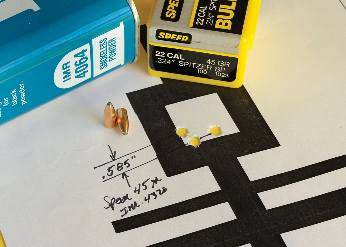 Speer 45-grain spitzers over 34 grains of IMR-4320 grouped in .585 inch at 100 yards.
